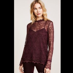 Theory Long Sleeve Lace Top in Black Currant